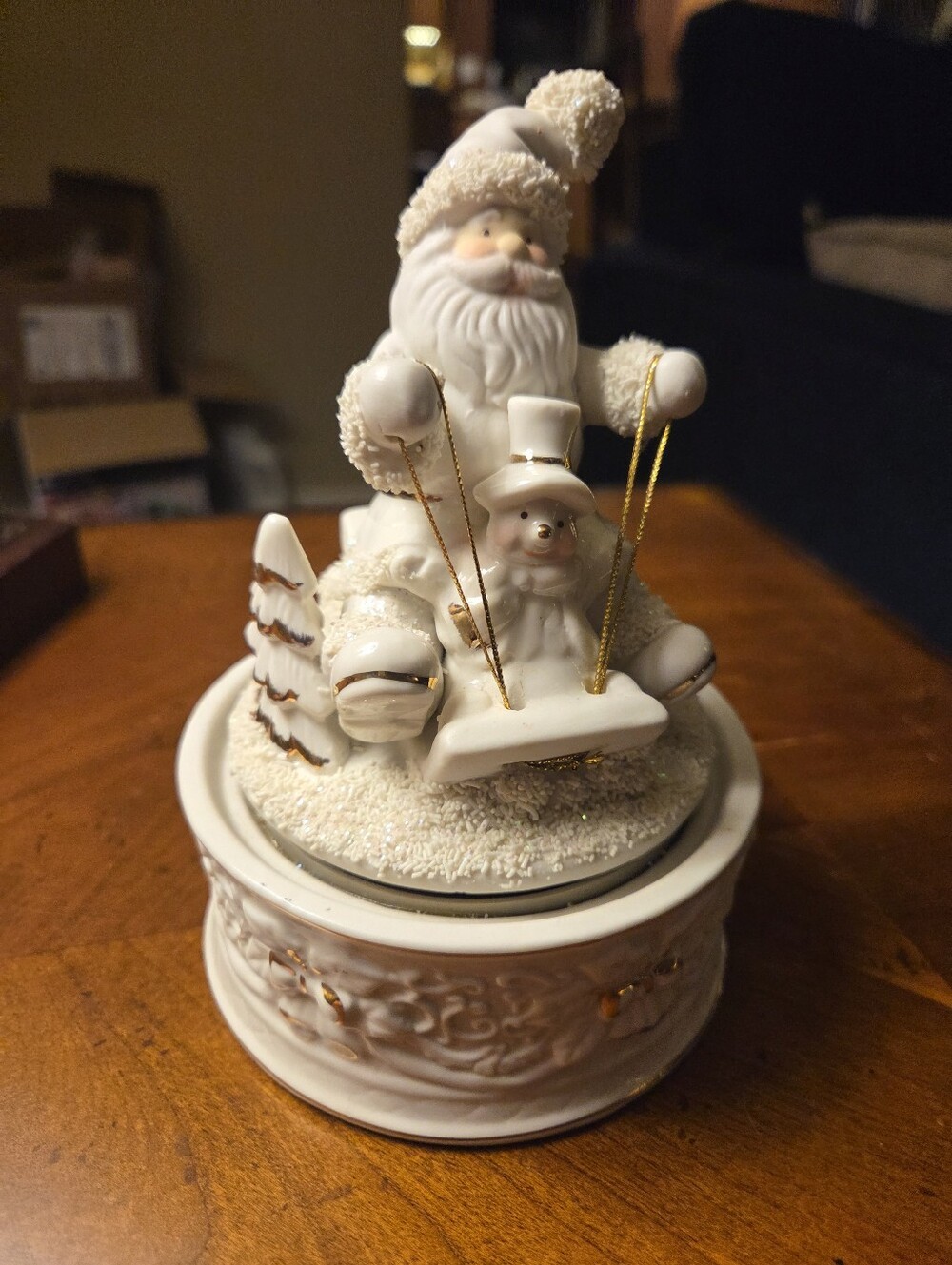 White Bisque Porcelain Santa And Snowman Sledding Music Box